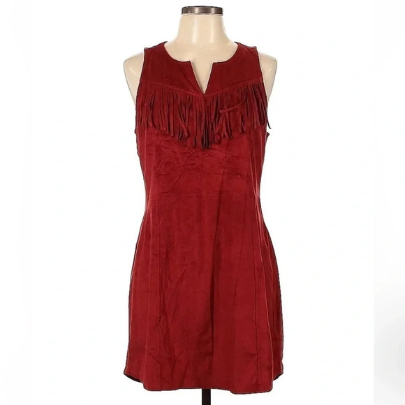 Express Western Fringe Mini Dress in Burnt Orange Red Faux Suede Size Large L - Picture 1 of 3